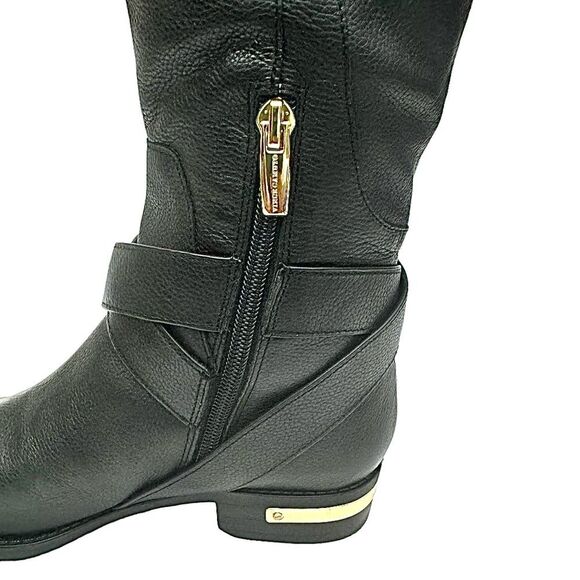 Vince Camuto Knee-High Black Leather Boots Gold Hardware Size 5M Zip - Picture 3 of 10